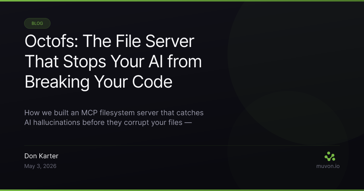 Octofs MCP filesystem server — dark background with green code editor interface showing file edit operations and hash-based line identifiers