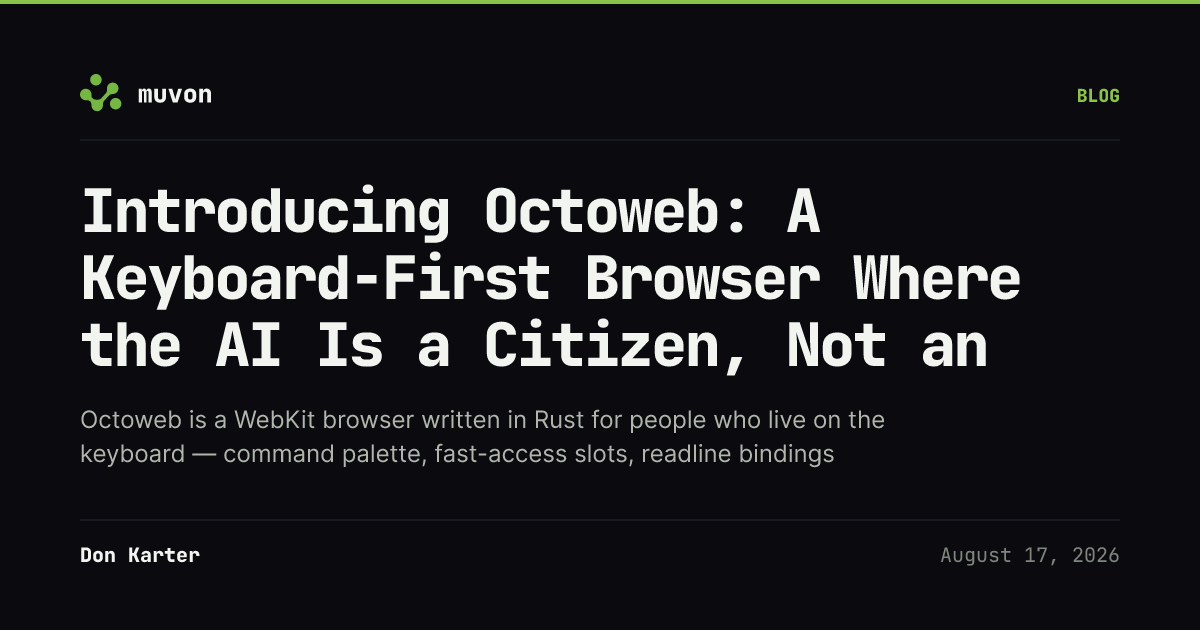 Octoweb keyboard-first AI browser — command palette over a WebKit window, an Octomind-powered agent sidebar on the right, and an MCP connection diagram showing AI clients driving the browser
