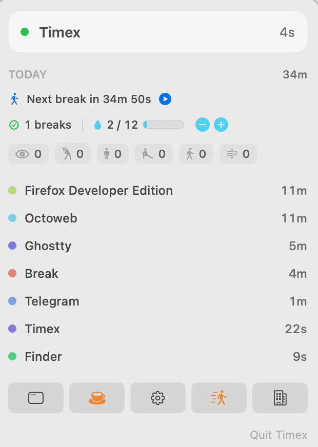 Timex menu bar dropdown: a vertical list showing today's tracked apps (Firefox Developer Edition 11m, Octoweb 11m, Ghostty 5m, Break 4m), break timer countdown, hydration tracker (2/12), and a row of icons for window, coffee, settings, runner, and building