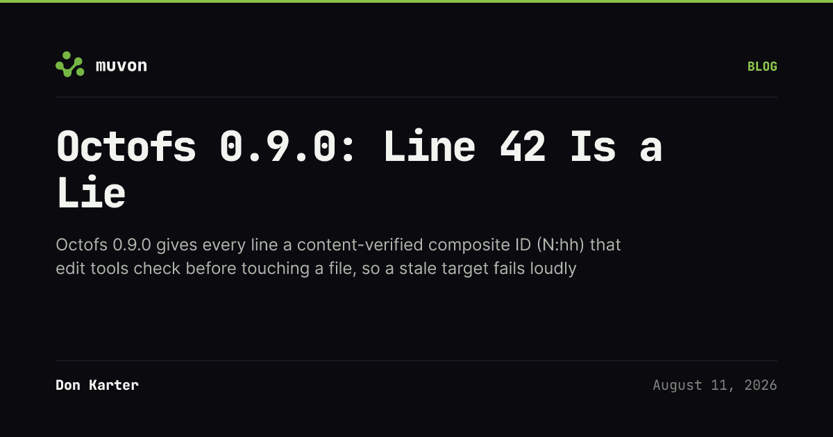 Octofs 0.9.0 renders every file line as a composite ID of position plus a content hash, and verifies that ID before applying an edit so stale targets fail with self-healing errors