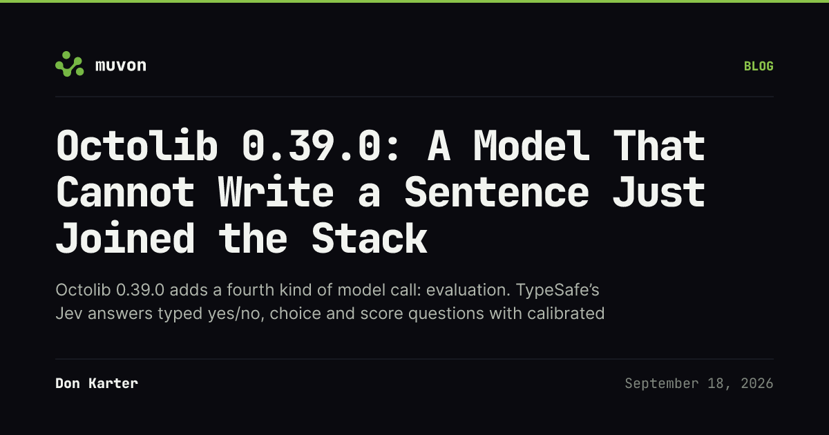 Octolib 0.39.0 Rust AI provider library adding a structured evaluation module for TypeSafe Jev System One model with noul, choice and score questions, routed directly, via Cloudflare AI Gateway or OctoHub, alongside Cloudflare Workers AI media generation, ONNX local embeddings, and Inception Mercury and Tinker LLM providers