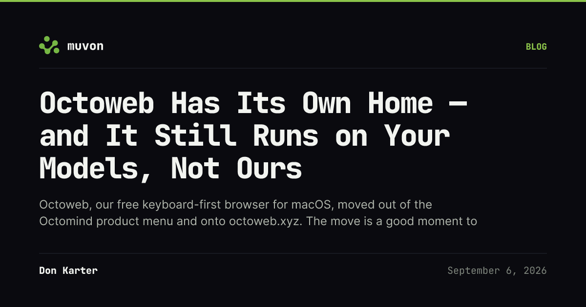 Octoweb now lives at octoweb.xyz — a command palette over the new site, the workspace switcher showing isolated profiles, and an AI sidebar whose model line reads local colon qwen3-coder to show the browser runs on whichever provider you configure