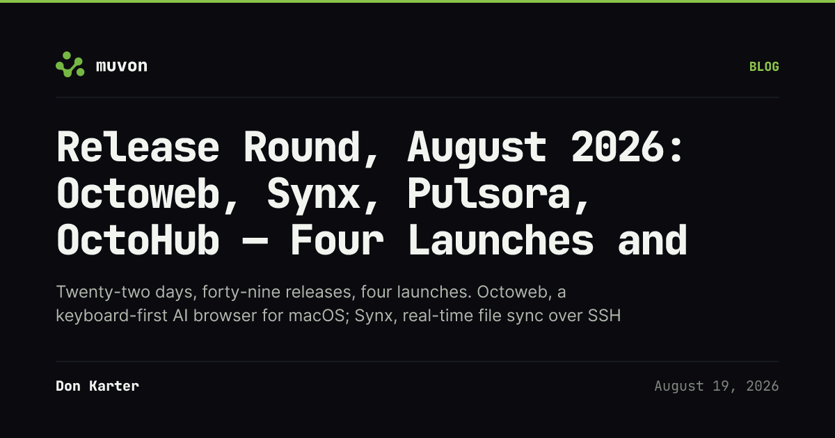 August 2026 release round-up for the Muvon open-source AI stack — Octoweb keyboard-first AI browser, Synx file sync over SSH, Pulsora time-series database in Rust, OctoHub self-hosted LLM proxy, Octocode 0.21.0 live structural knowledge graph, Octobrain 0.11.0 session context, Octofs 0.10.0 remote filesystems, Octolib 0.32.1 with xAI, Alibaba, Hetzner providers, and npm packages under the @muvon scope