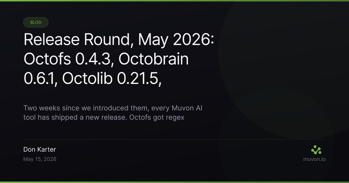 Release notes for Muvon AI stack — Octofs 0.4.3, Octobrain 0.6.1, Octolib 0.21.5, and Octomind 0.29.0 shipped together in May 2026 with regex search, reasoning effort, prompt cache keepalive, and parallel tool calls